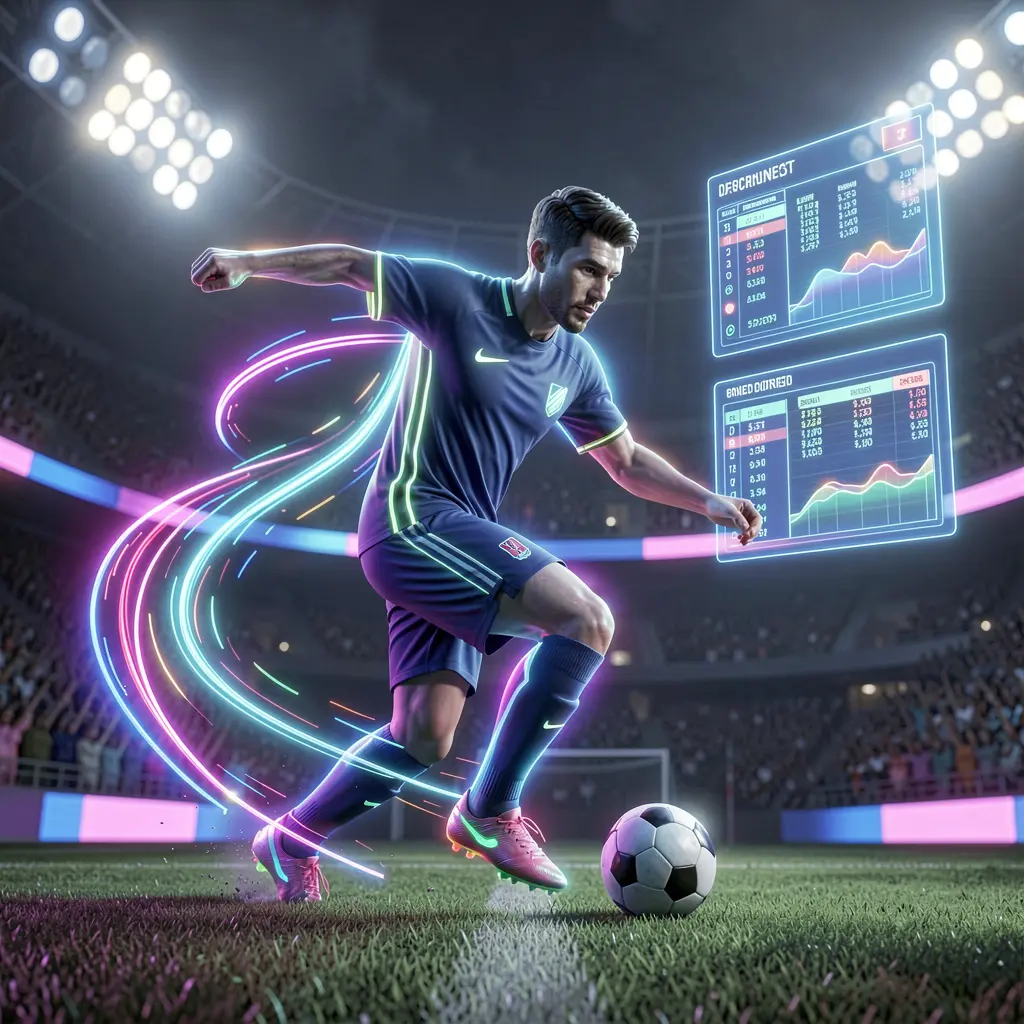 Futuristic soccer player surrounded by glowing digital effects and a transparent betting interface showing live odds on JUS222 in Malaysia