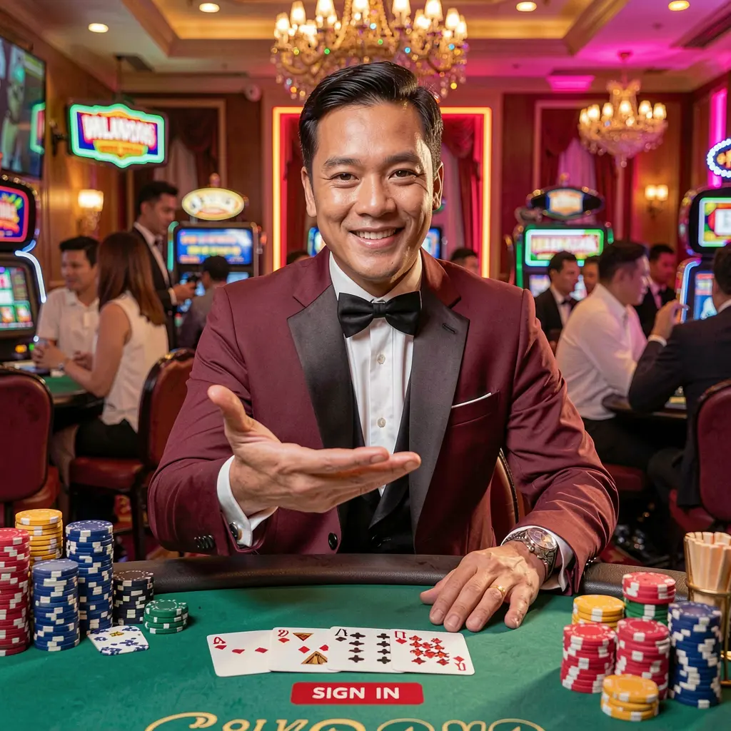 Elegant live casino dealer at a glowing table with cards and chips highlighting the premium JUS222 login experience for Malaysian players